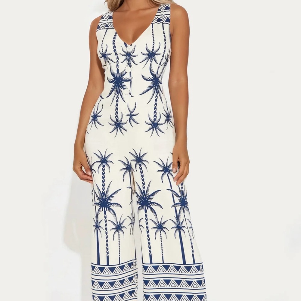 Fashion Nova Navy and White Palm Jumpsuit